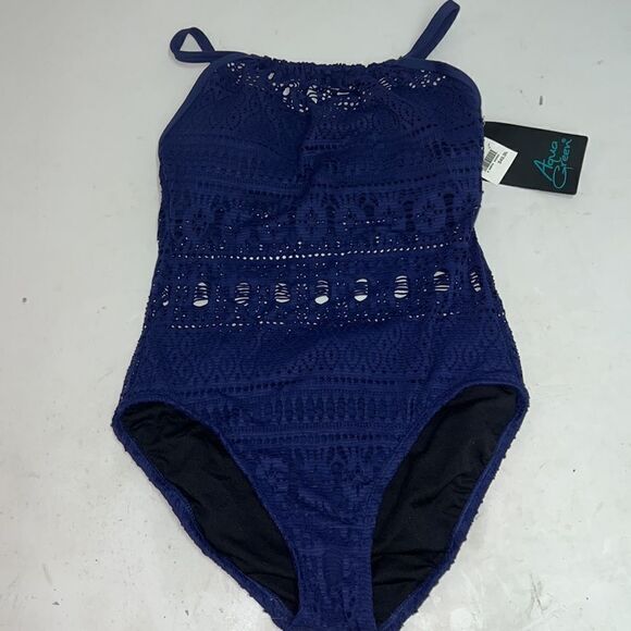 Aqua Green Black New Crochet High Neck Swimsuit One-piece Bathing Suit D22 - Picture 4 of 7